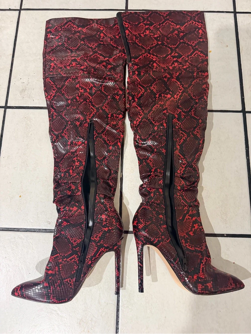 Fashion Nova Red Snake-Print Over-the-Knee Stiletto Boots
